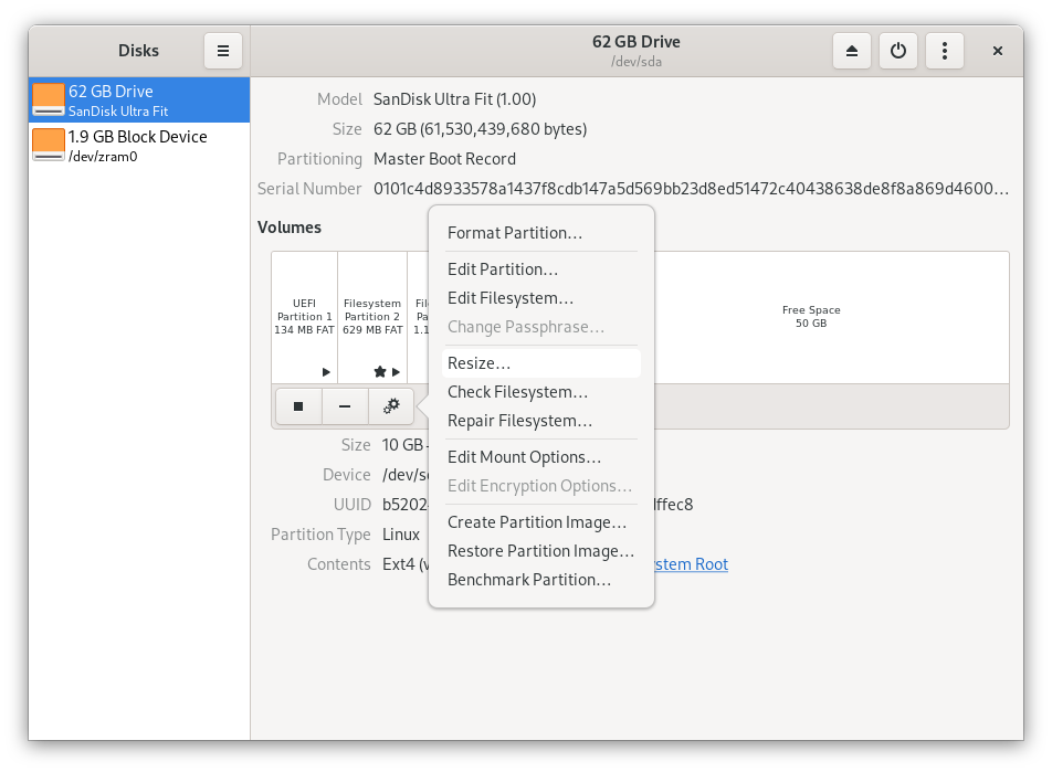 Resize selected on the partition menu