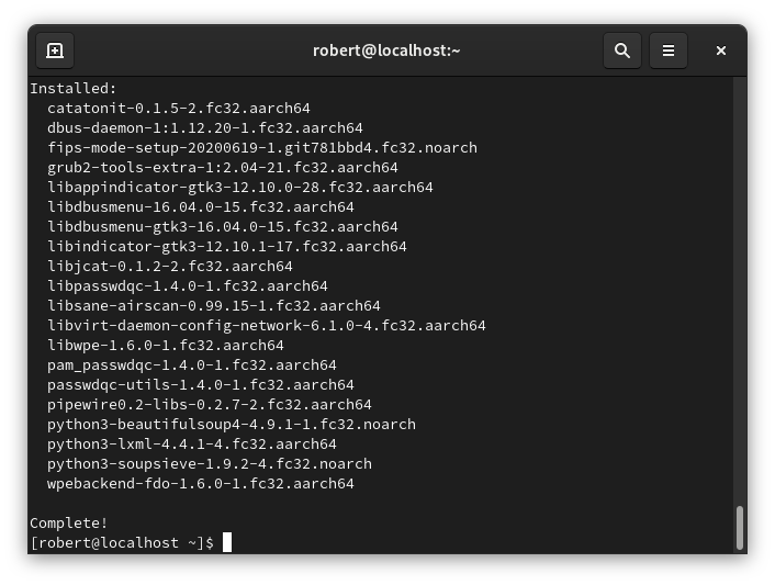 Completed dnf update command output