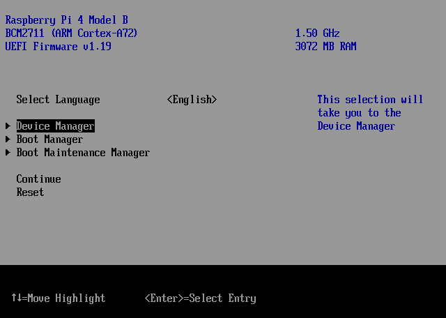 Raspberry Pi UEFI Main Menu